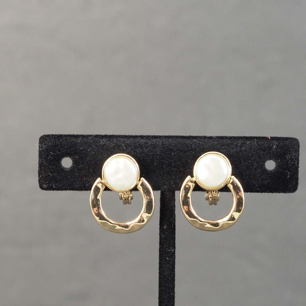 Vintage TJG Womens Clip On Earrings Gold Tone Faux Pearl Door Knocker Elegant
